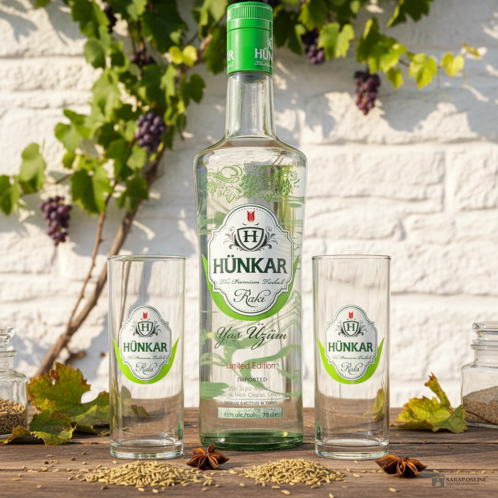 Hünkar Raki Yaz Üzüm mit 2 Gläsern Hünkar Raki Yas Üzüm mit 2 Gläsern Galeriebild